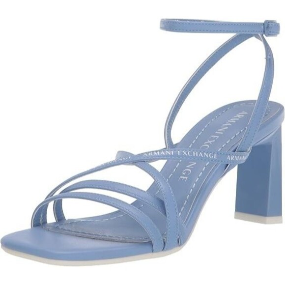 Armani Exchange Womens Light Blue Leather Strappy Sandals Buckle Heel Square 6 - Picture 1 of 14
